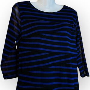 Dana Buchman Office Siren Black Blue Stripe Layered Lined Sheer Sleeve Top Sz L